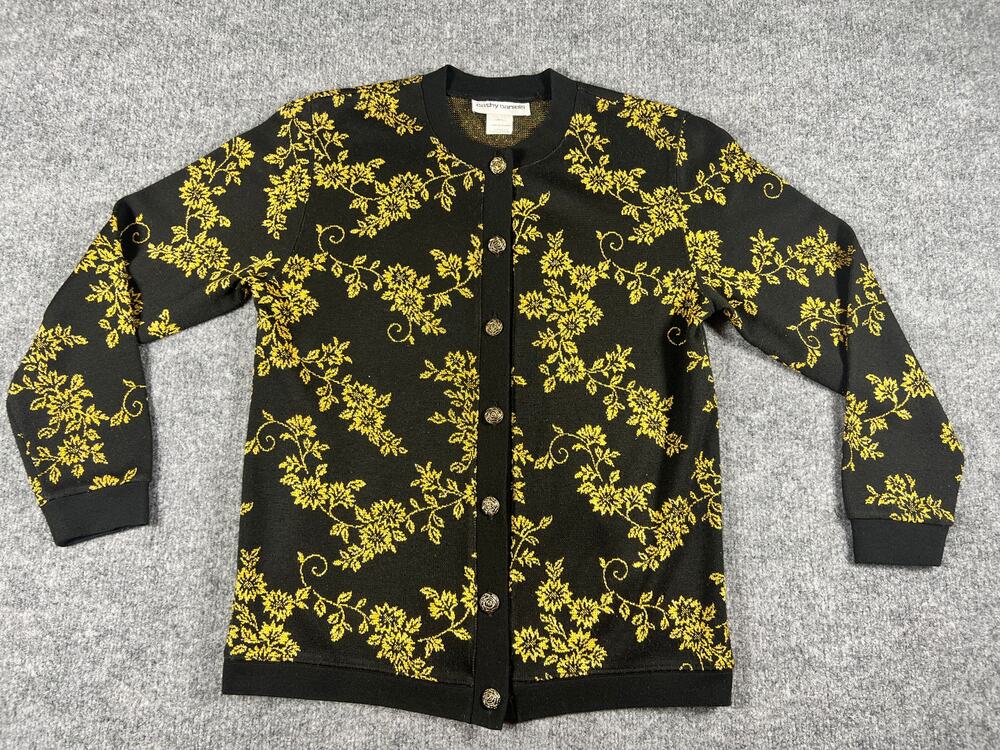 Vintage 90s Cathy Daniels Cardigan Womens S Black Gold Floral Rose Buttons